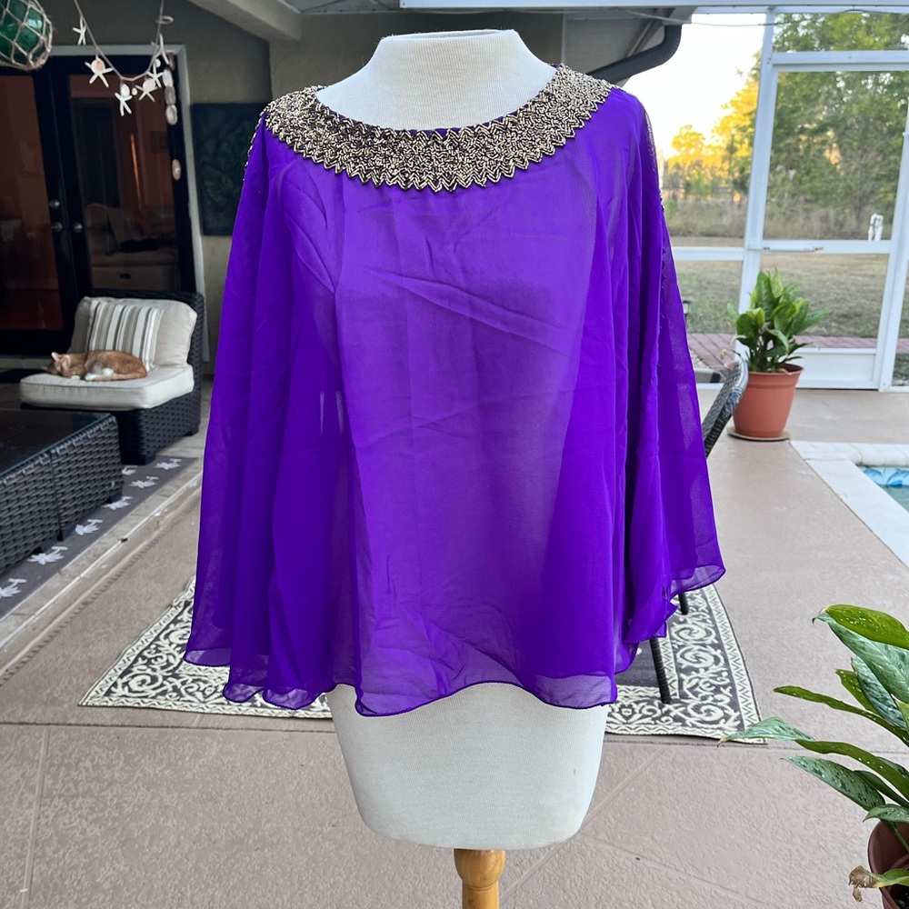 Elegant Purple Women's Top with Embellished Neckline